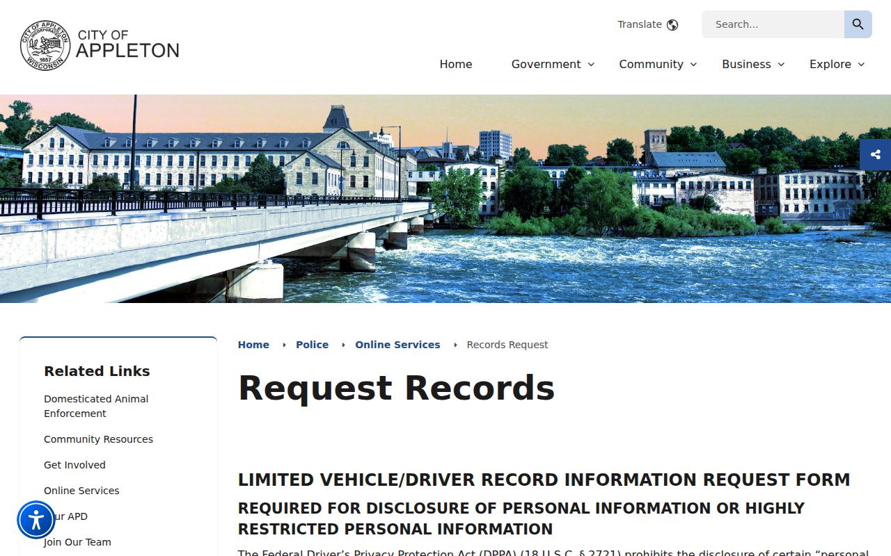 Appleton criminal records request form at the Appleton Police Department