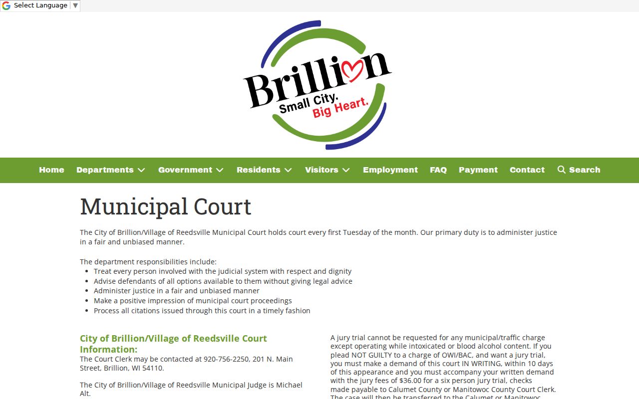 Brillion criminal records schedule for the Brillion Reedsville Municipal Court