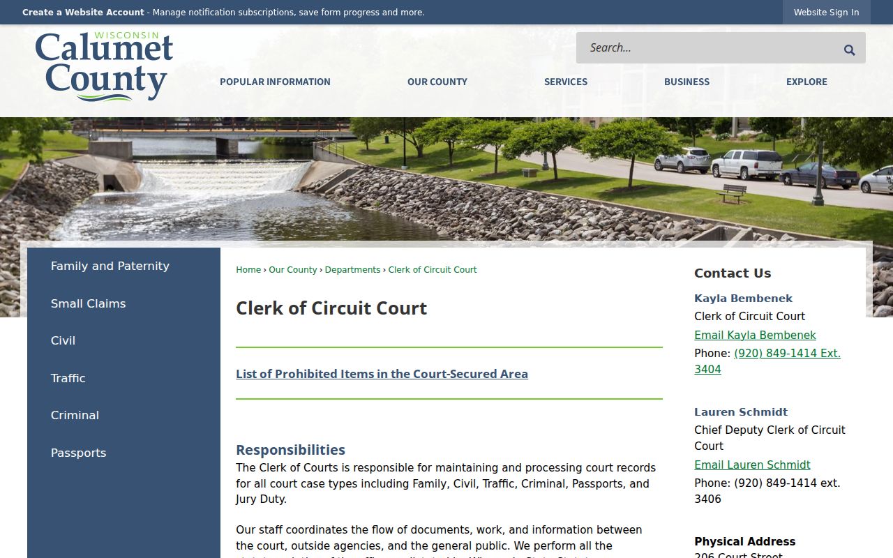 Calumet County criminal court record office contact panel