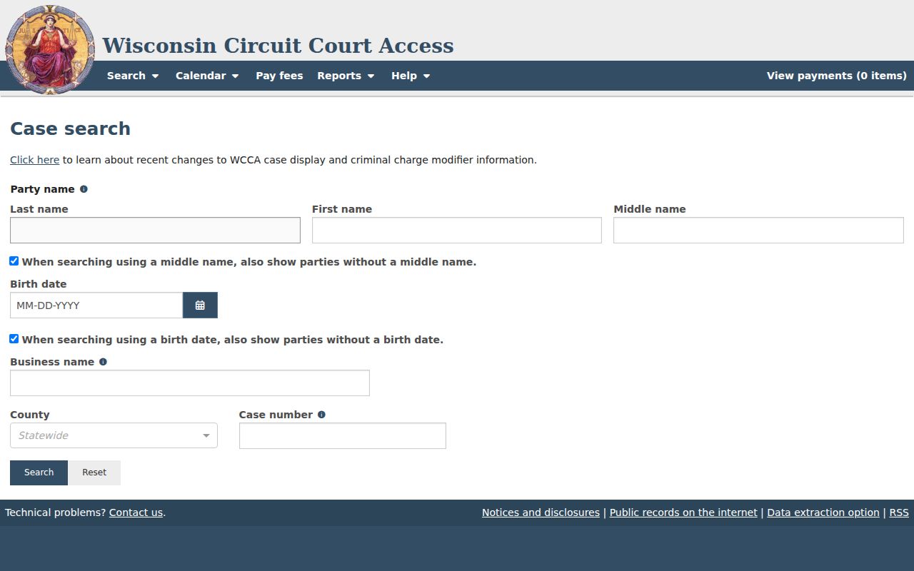 Calumet County criminal history search fields in Wisconsin Circuit Court Access