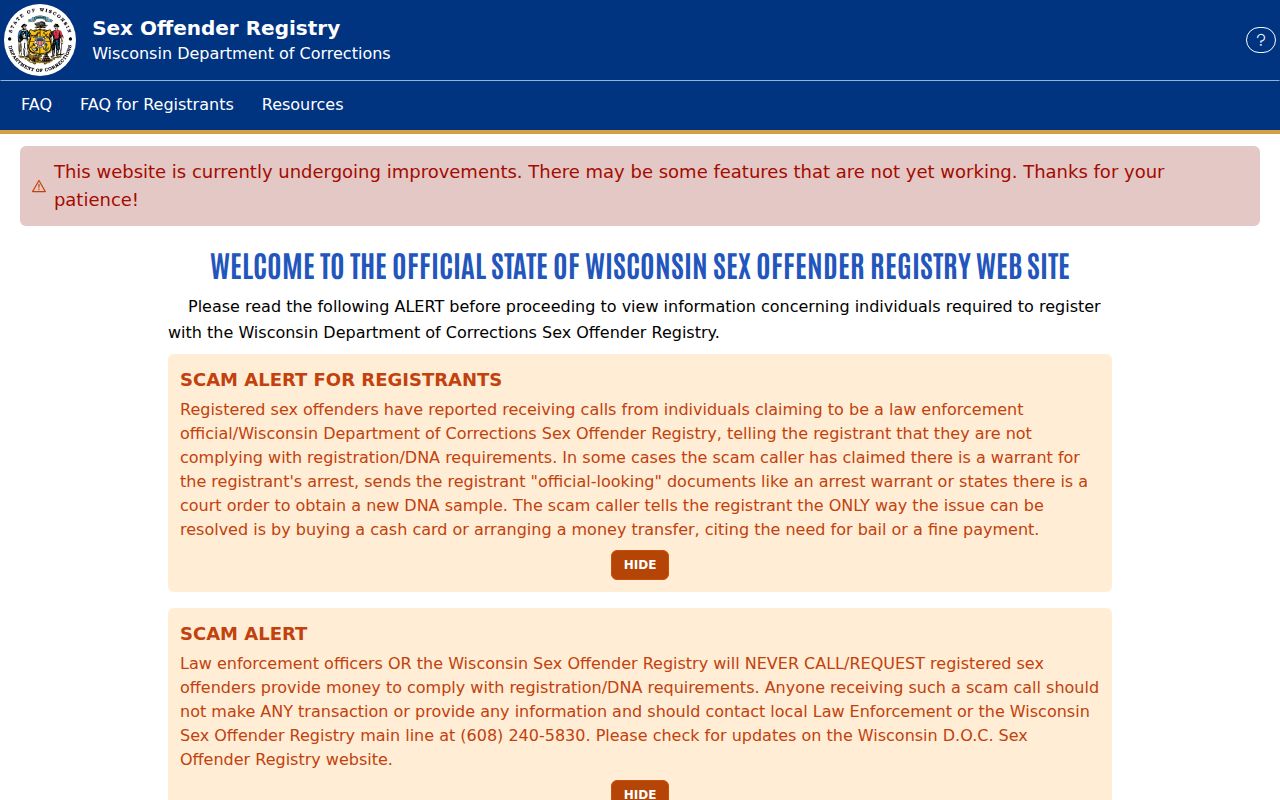 Calumet County sex offender search Wisconsin registry interface